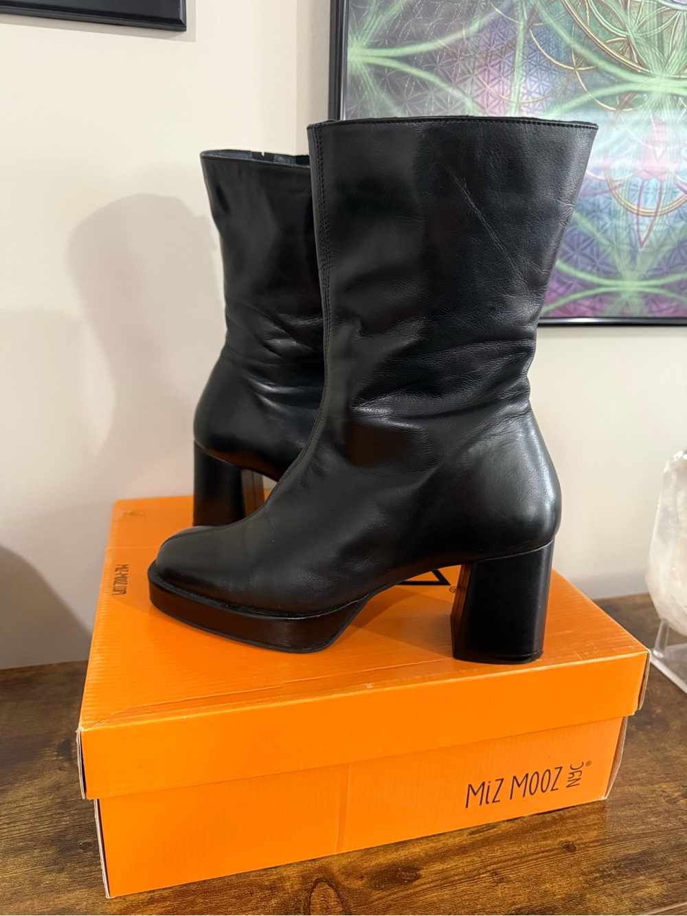 Miz Mooz Penner Black Leather Mid-Calf Block Heel Boots - 37 (6.5/7)